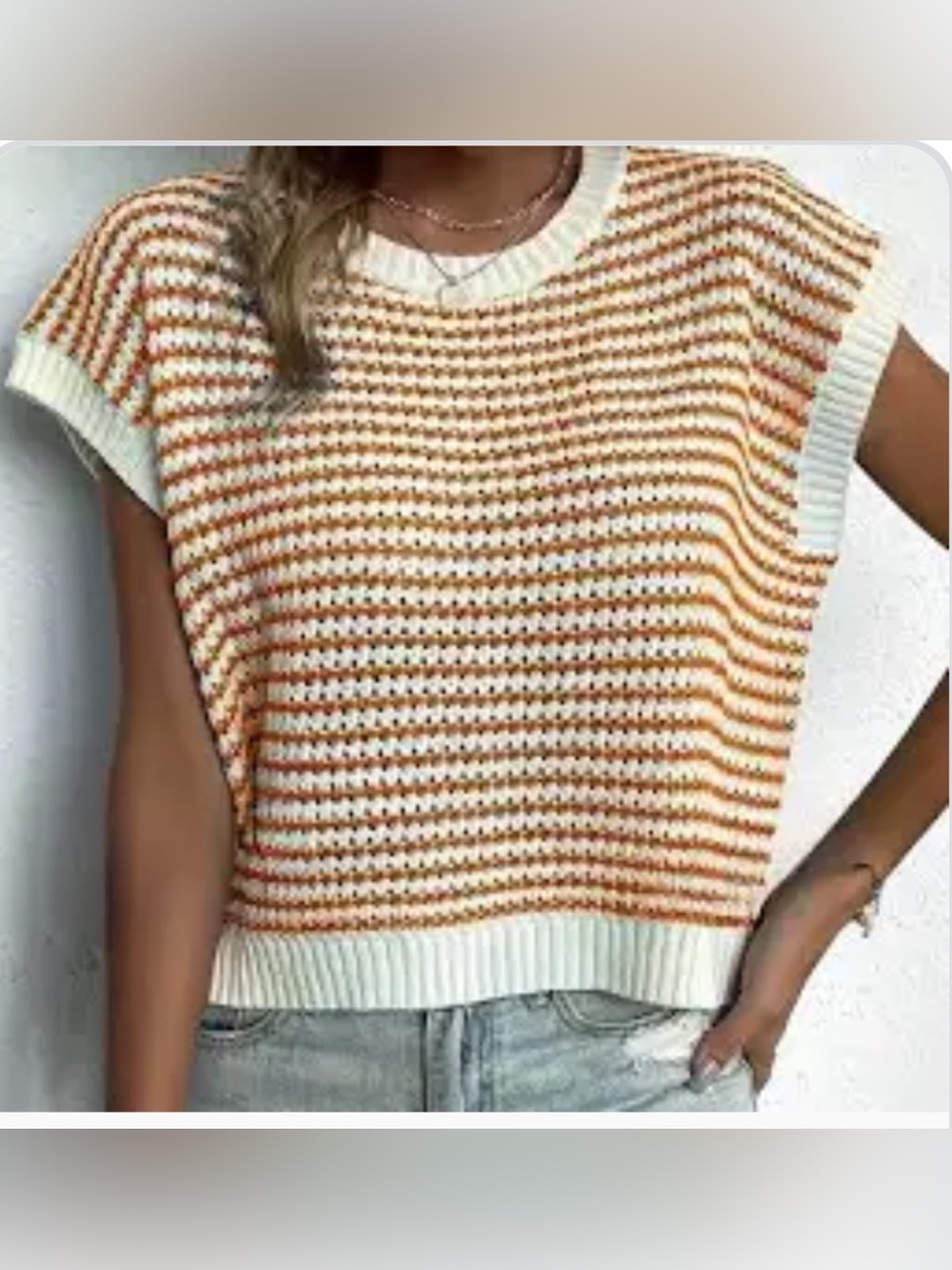 NEW Women Knit Sweater Vest Sleeveless Orange Stripes Ribbed Large